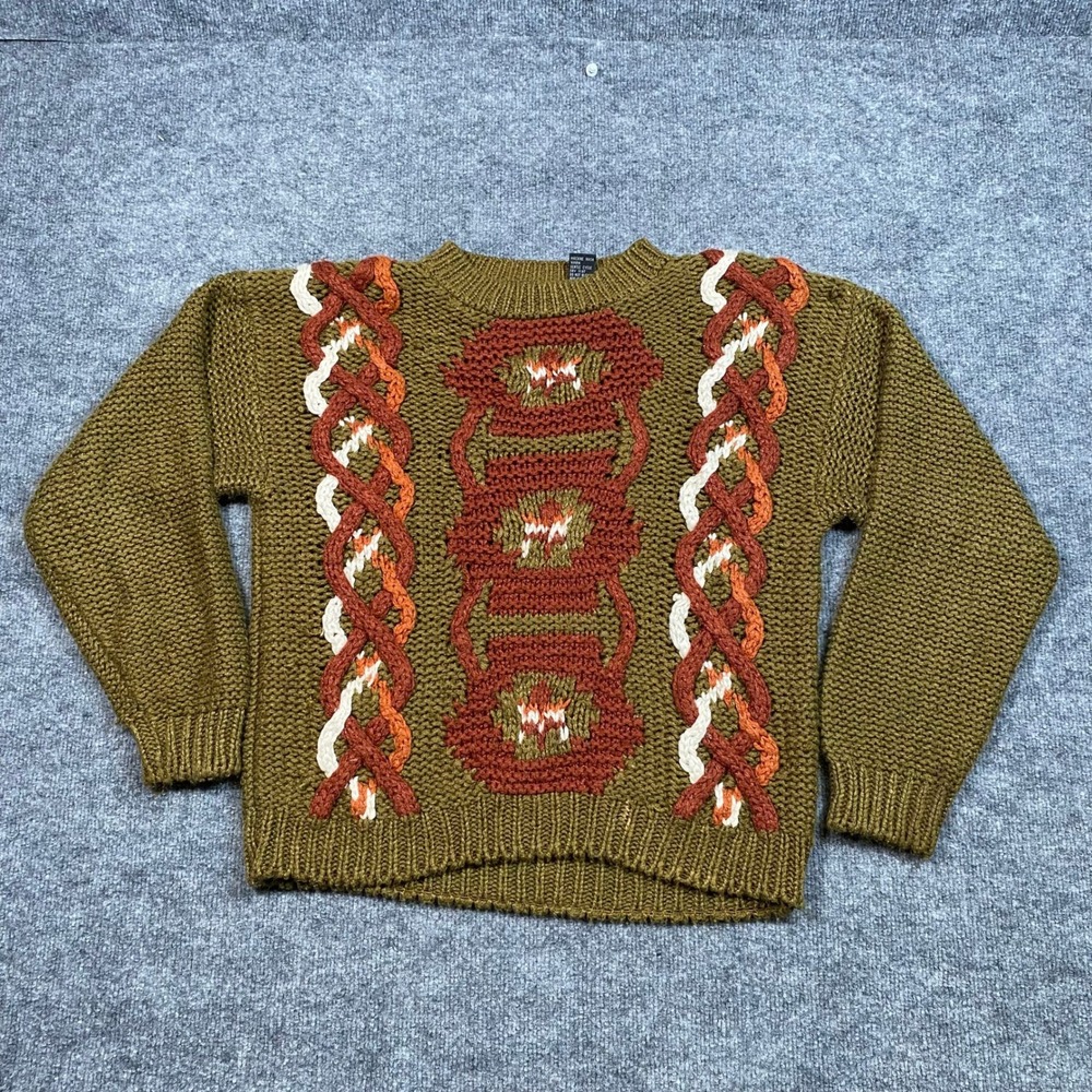 Rafferty Vintage Olive Green Chunky Intarsia Cable Knit Sweater Large Ramie